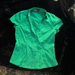 Express button up blouse, short sleeves, size M, Green